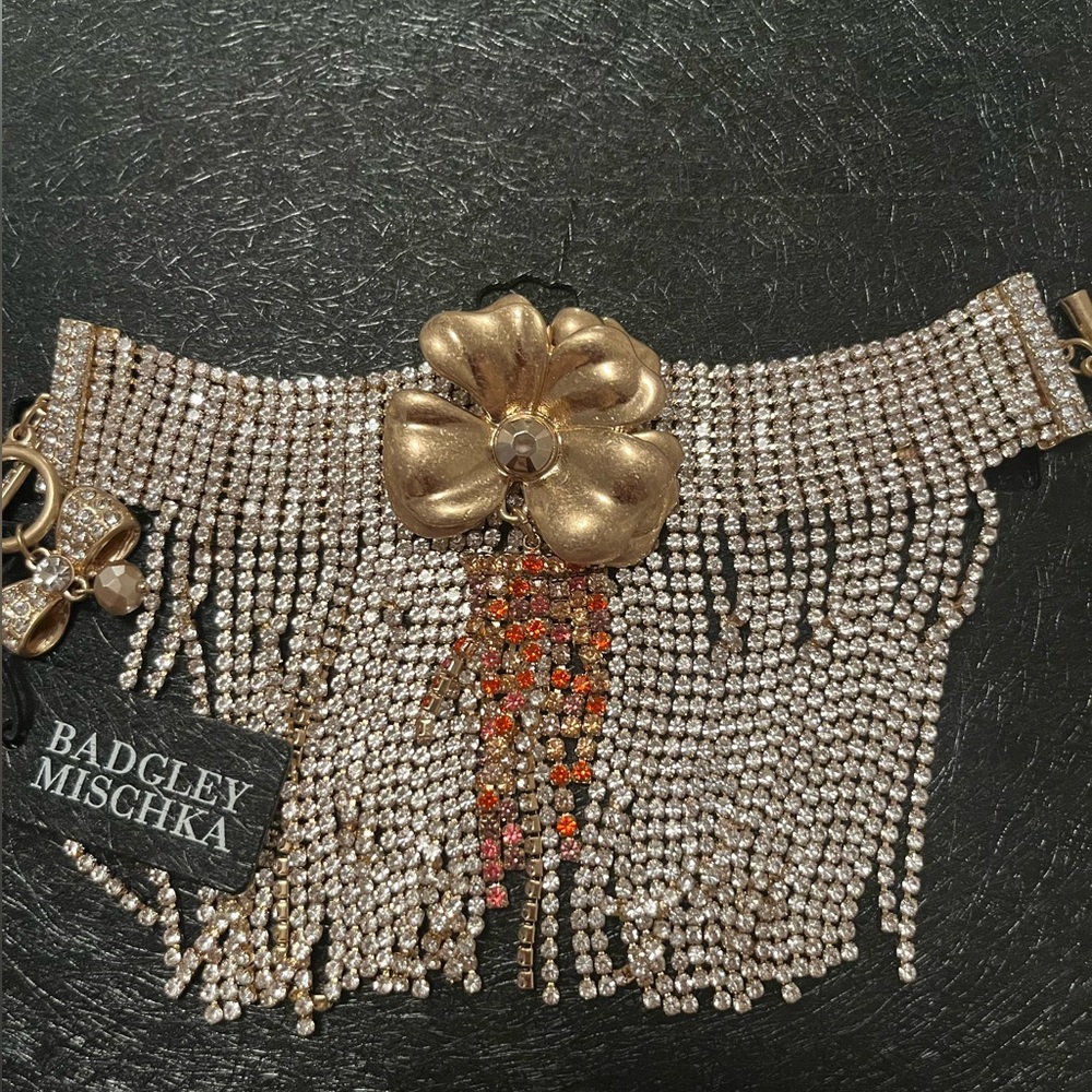 NWT Badgley Mischka Yellow Flower Toggle Rhinestone Chain Fringe Bracelet